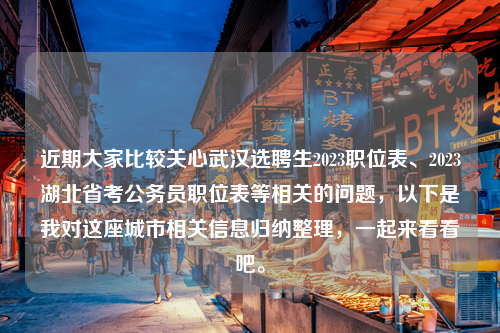 近期大家比较关心武汉选聘生2023职位表、2023湖北省考公务员职位表等相关的问题，以下是我对这座城市相关信息归纳整理，一起来看看吧。